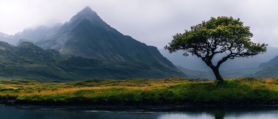 Wall Mural -  A lone tree stands in the foreground before a body of water In the distance, mountain ranges rise