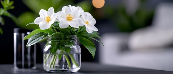 Wall Mural -  A table holds a vase with white blooms Nearby, another vase contains water and verdant greens