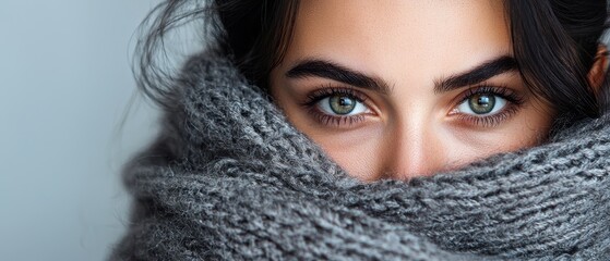 Canvas Print -  A tight shot of a woman's face, her eyes large and open beneath a covering scarf