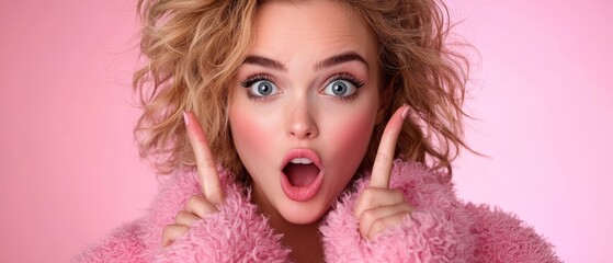 Wall Mural -  A tight shot of a woman in a pink coat, her surprised expression directed at her fingertips before her face