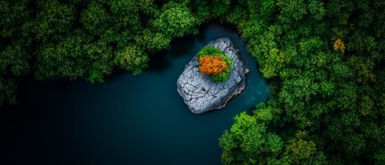 Canvas Print -  An aerial perspective of a rock, isolate in a river's current, bears a solitary tree atop