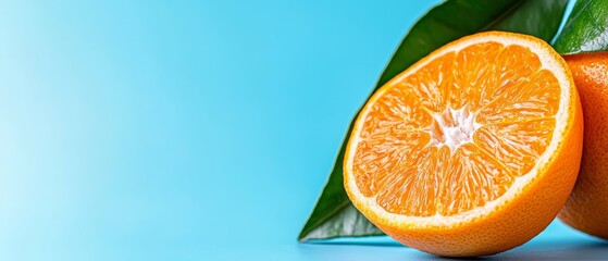 Wall Mural -  Two oranges positioned together on a blue surface, topped with a single green leaf