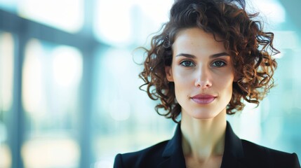 A confident young businesswoman in a modern office, standing beside a large window with city skyline view, looking determined and visionary. The image offers ample copy space for adding text or