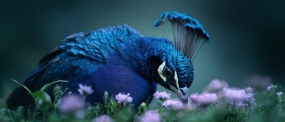 Wall Mural -  A tight shot of a blue bird with its beak filled with flowers in a blooming meadow