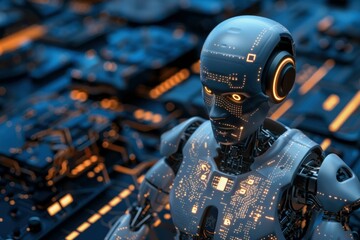 Poster - Futuristic robot standing in front of a motherboard, artificial intelligence concept
