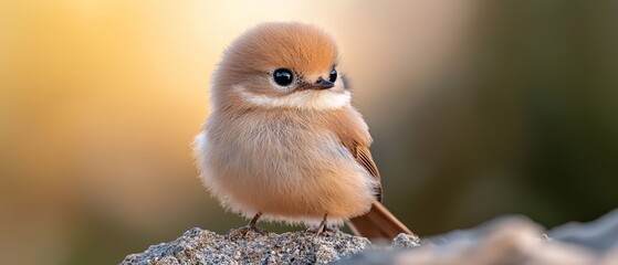 Wall Mural -  A small brown and white bird perches on a rock against a slightly blurred background