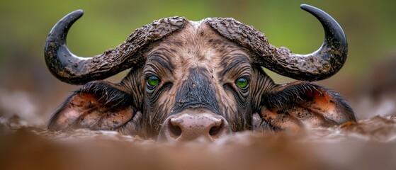 Wall Mural -  A tight shot of a bull's massive horns and expressive green eyes against a backdrop of untouched brown grass