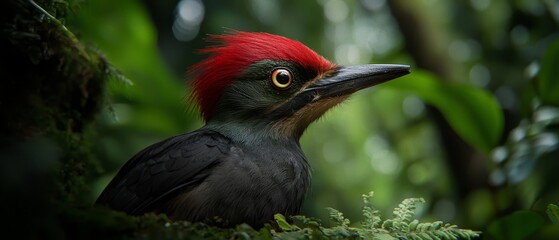 Wall Mural -  A tight shot of a bird sporting a red crest atop its head against a backdrop of a tree