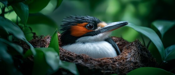 Wall Mural -  A tight shot of a bird in its nest atop a tree branch, surrounded by leaves Background includes a bush