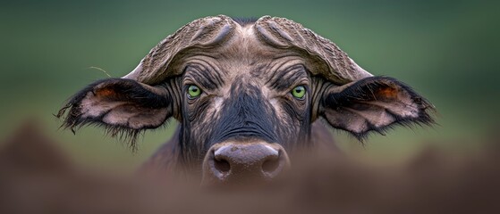 Wall Mural -  A tight shot of an animal's face with a green eye situated at its nostrils