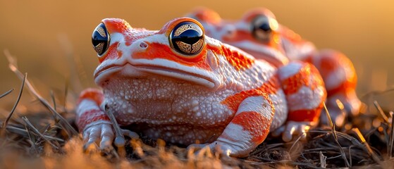 Poster -  A tight shot of a red and white frog sitting on the ground Foreground displays lush grass Background softly blurred