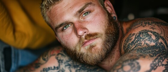 Wall Mural -  A tight shot of a bearded man with chest tattoos gazing into the camera