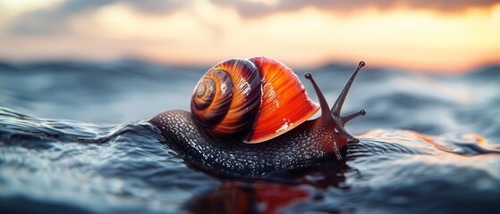  A tight shot of a snail atop water's surface, surrounded by a cloud-speckled sky