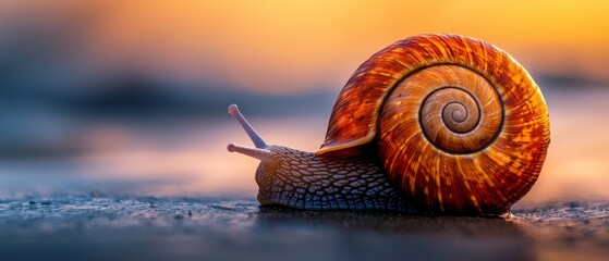 Sticker -  A tight shot of a snail's shell on the ground, with the sun sinking in the backdrop