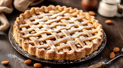 Italian almond crostata with a lattice crust, garnished with powdered sugar, on a dark wood table with a countryside backdrop