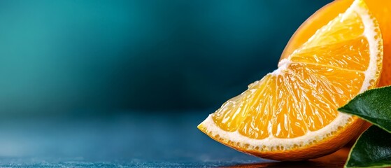 Wall Mural -  An orange, halved, sits atop a weathered wooden table Nearby, a lush, green plant with leafy foliage stands