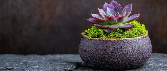 Wall Mural -  A tight shot of a tiny potted plant on a stone slab, featuring moss growth in its center