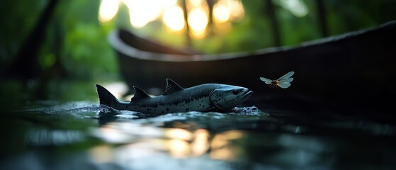 Poster -  A fish swimming in the water holds a butterfly in its mouth, while a boat is visible in the background