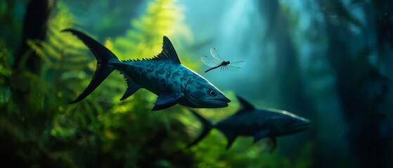 Poster -  A dragonfly hovers next to a fish in a green, wooded area, its back bearing a fly