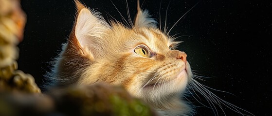 Wall Mural -  A tight shot of a feline face gazing skyward, eyes fully dilated