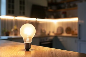 Canvas Print - Incandescent light bulb shining on wooden table with out of focus kitchen in background