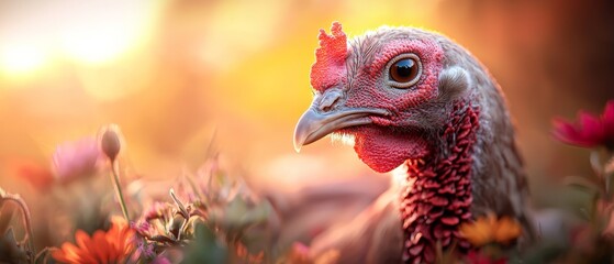 Wall Mural -  A rooster up-close amidst a flowery field, sun filtering through clouded background