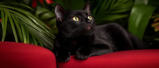 Wall Mural -  A black cat atop a red couch amongst a bunch of green plants and a solitary potted plant