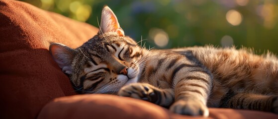 Wall Mural -  A tight shot of a feline resting atop a couch, its head nestled on the arm of a plush pillow