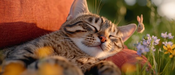 Wall Mural -  A cat naps atop a lap amidst a field of blooming flowers, its eyes peacefully closed