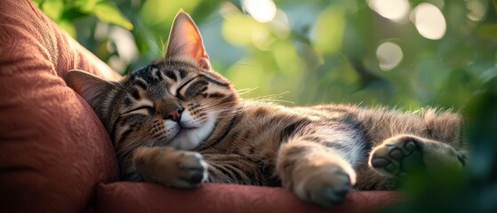  A cat's close-up face rests on a couch arm, cushion cradling its head