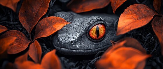 Wall Mural -  A tight shot of a snake's eye against a backdrop of red and green leaves on a contrasting black and orange background