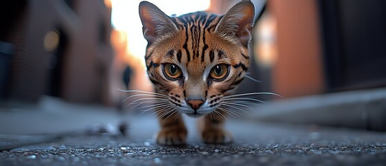 Wall Mural -  A tight shot of a cat strolling down the street, passing by a building The cat's face is slightly blurred in the image