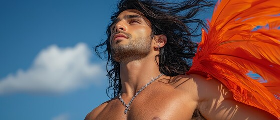 Poster -  A man, bare-chested, boasts long hair and a necklace adorned with a chain He dons an orange, feathered shawl