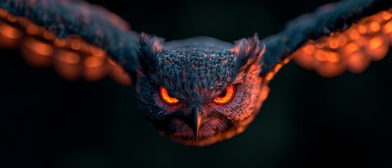 Wall Mural -  A tight shot of an owl's face with fiery red eyes and radiant lights gracing its back wing