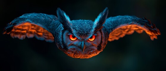 Wall Mural -  A tight shot of an owl's wings, its face illuminated by glowing orange and blue lights around the eyes