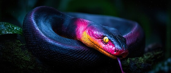 Wall Mural -  Close-up of a snake with red and yellow stripes on its head against a green leaf backdrop