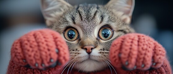 Wall Mural -  A cat, closely captured, dons a knitted mitt on each paw, gazing intently at the camera