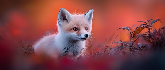 Wall Mural - Red Sky Backdrop, Foreground Plant..Or, for even more concise optimization:..Fox in Grass