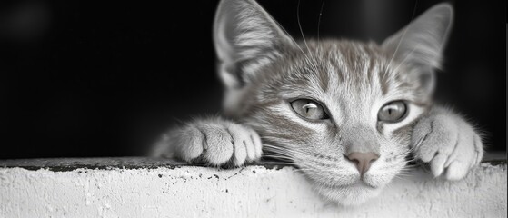 Wall Mural -  A tight shot of a feline's face pressed against a wall, paw touching the edge