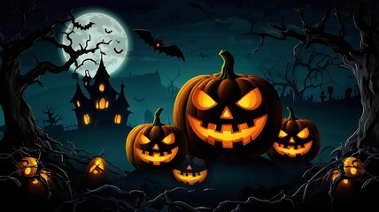 halloween background spooky night with evil pumpkin