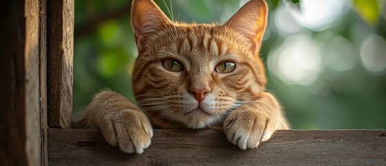 Wall Mural -  A cat in close-up, perched on a wooden surface with paws atop a wooden plank's edge