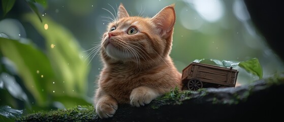 Wall Mural -  A cat perched on a tree branch holds a toy car aloft with its paws