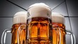 © Kartik - Close up view of mugs of cold beer with foam on grey background