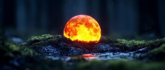 Wall Mural -  A vibrant orange ball of fire atop a moss-covered rock, centered in a dark forest