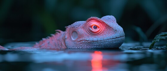  A tight shot of a lizard in water, illuminated from behind by a red light