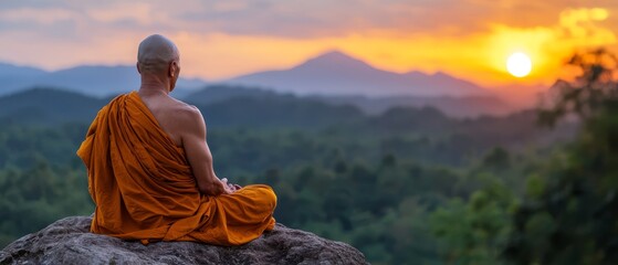  A man atop a large rock gazes out at sunset, forest and mountains in the background