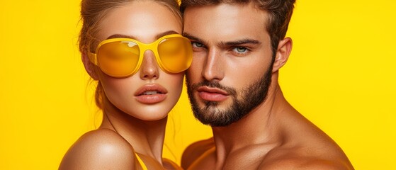  A man and a woman, each wearing yellow sunglasses, stand before a yellow backdrop