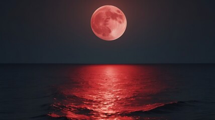 full red moon over the sea