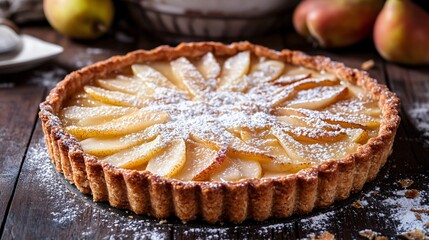 Wall Mural - Ricotta and pear tart with a flaky crust, garnished with powdered sugar, on a dark wood table with a warm kitchen backdrop