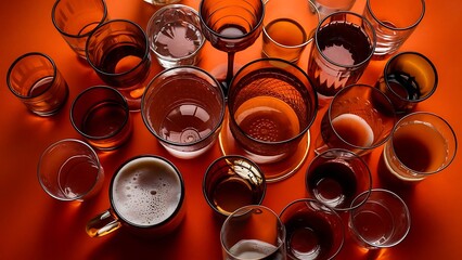 Wall Mural - Close up view of arranged empty glasses and mug of beer on orange background